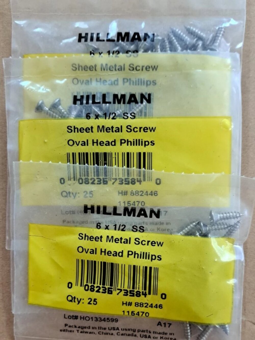 Hillman H#882446 6x1/2" SS Sheet Metal Screw Oval Head Phillips 3 Qty